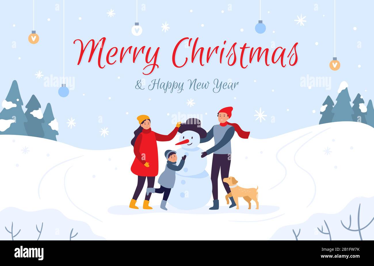 Family making snowman holiday card. Merry Christmas and Happy New Year, 2020 winter holidays vector illustration Stock Vector