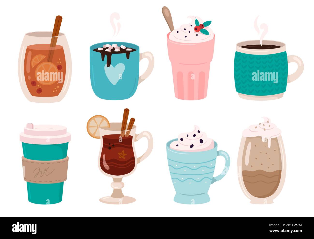 Warming winter drinks. Hot chocolate, cocoa with marshmallows and whipped cream. Mulled wine in winters mug vector illustration set Stock Vector