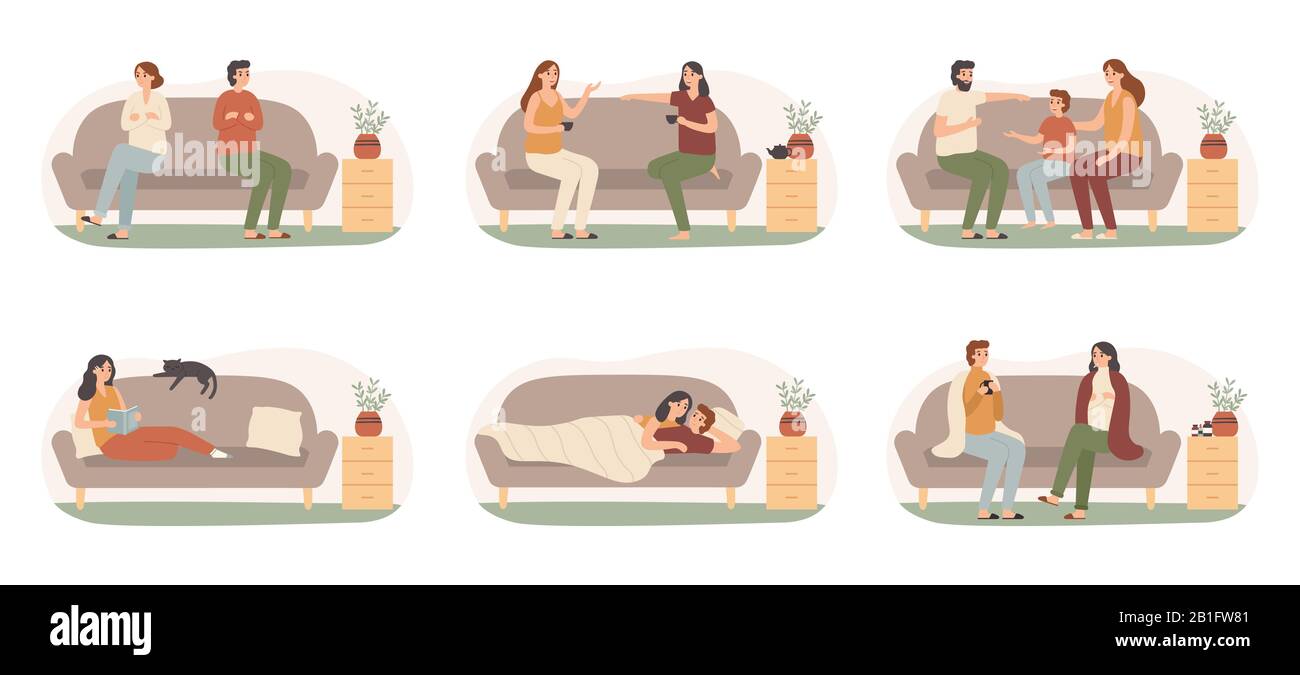 People on sofas. Happy healthy adults on couch, recovering sickness family and people on sofa basking under blanket vector set Stock Vector