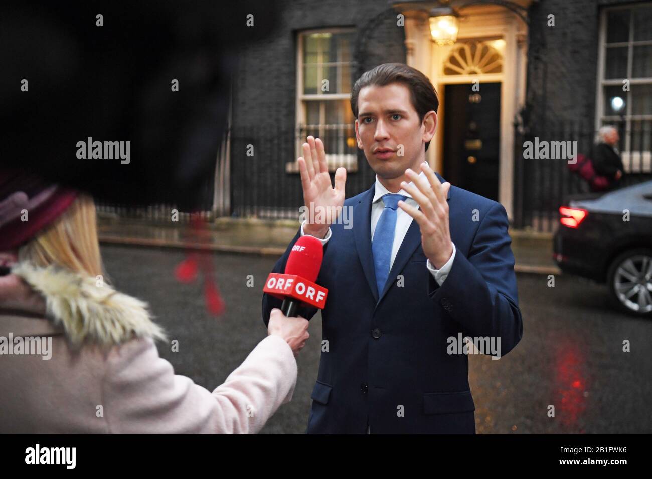 Austrian Chancellor Sebastian Kurz speaks to the media after meeting with Prime Minister Boris Johnson in 10 Downing Street, London. Stock Photo