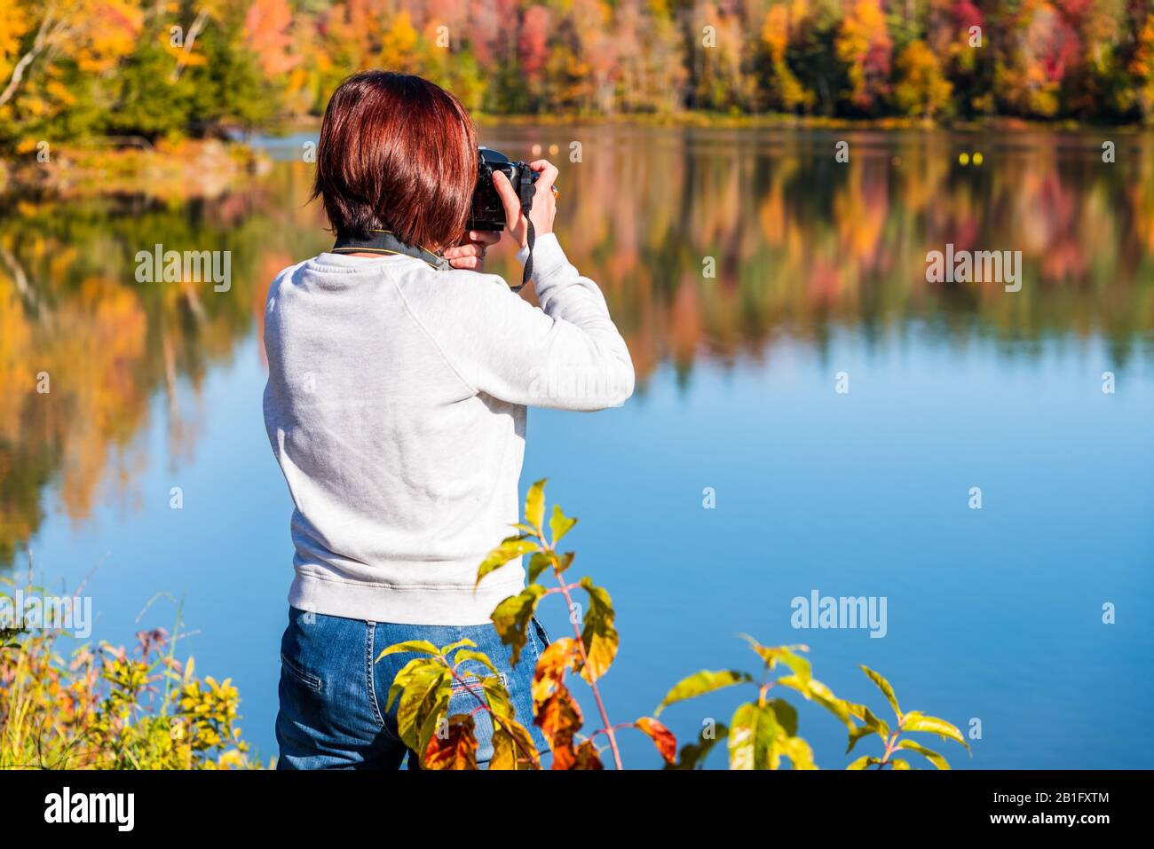 Woman tourist taking pictures of a mountain lake on a sunny autumn morning. Stunning autumn colours. Stock Photo