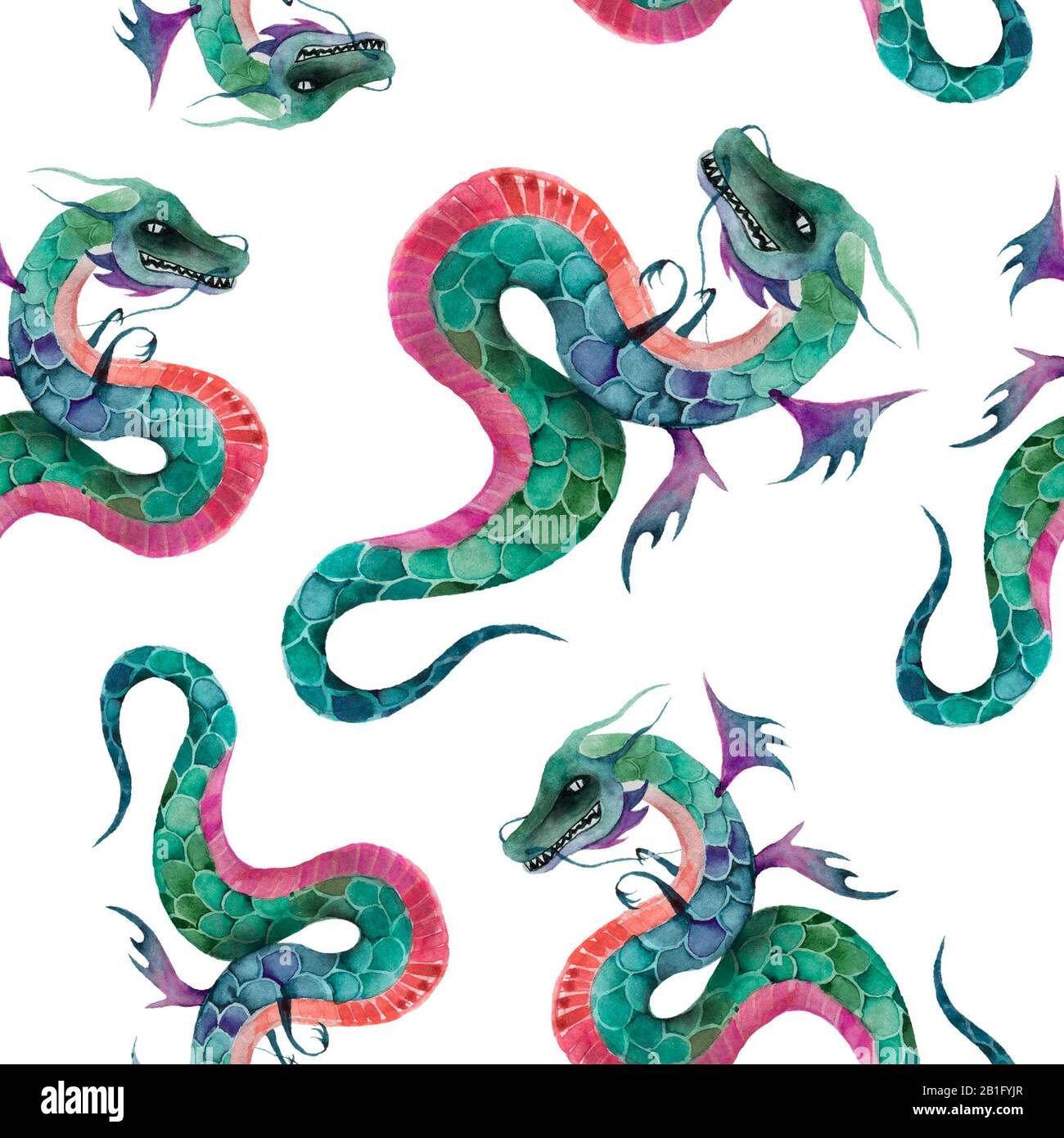 Seamless pattern for textile and decoration Watercolor green dragons Stock Photo
