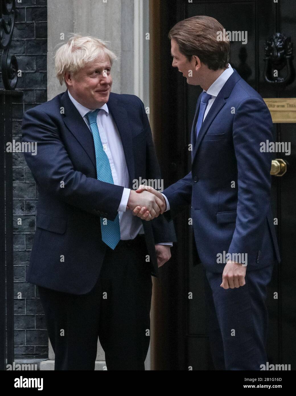 Downing Street London, UK. 25th Feb, 2020. British Prime Minister Boris Johnson greets Austrian Chancellor Sebastian Kurz outside Number 10, Downing Street this afternoon. Credit: Imageplotter/Alamy Live News Stock Photo