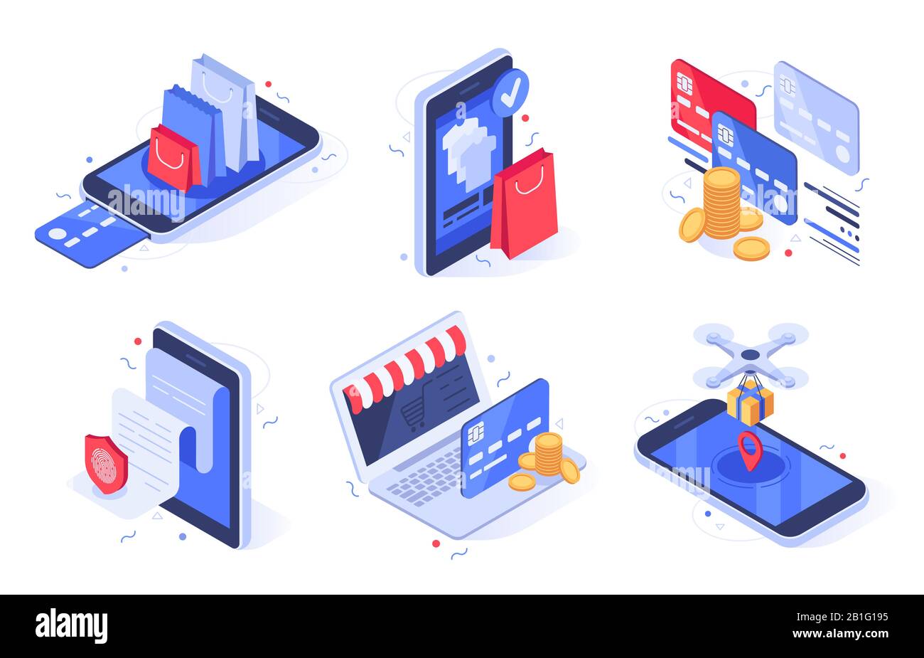 Isometric online shopping. Internet store business, digital commerce and bank card payment vector illustration set Stock Vector