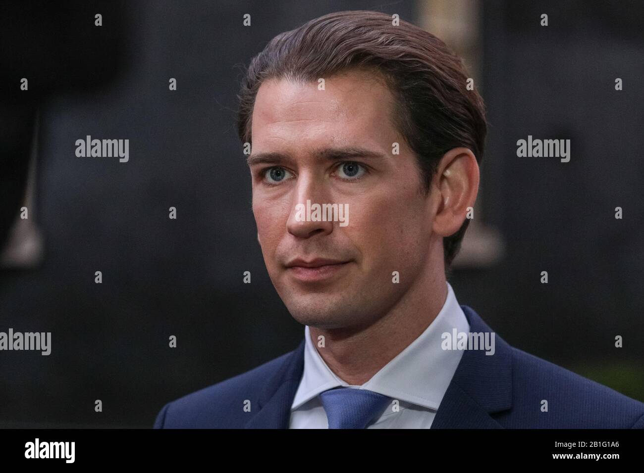 Downing Street London, UK. 25th Feb, 2020. Austrian Chancellor and Head of State, Sebastian Kurz outside Number 10, Downing Street this afternoon, after visiting British PM Boris Johnson for talks on post-Brexit trade, business and the current Corona Virus crisis. Credit: Imageplotter/Alamy Live News Stock Photo
