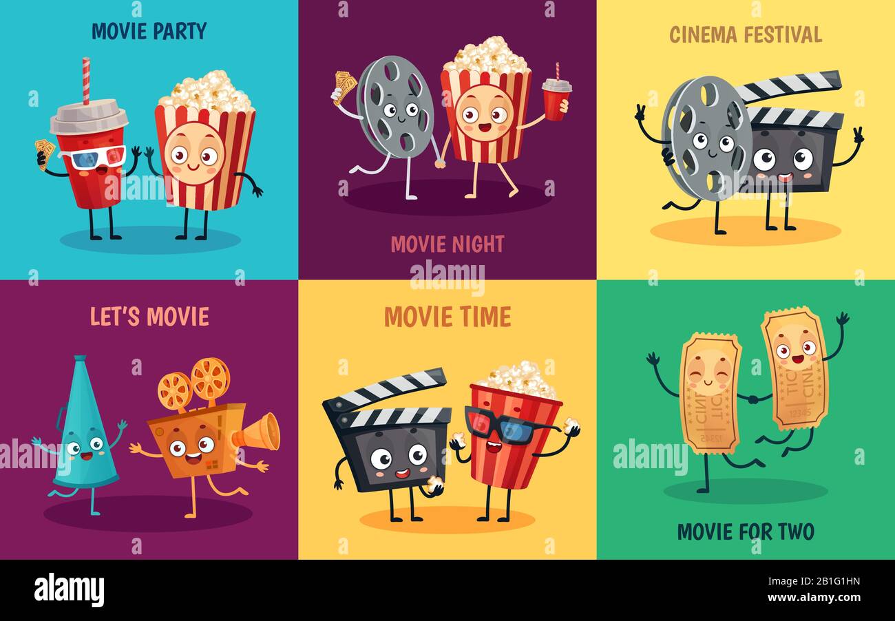 Cartoon cinema characters. Funny popcorn, cinema tickets and 3D movie glasses friends mascots vector illustration set Stock Vector