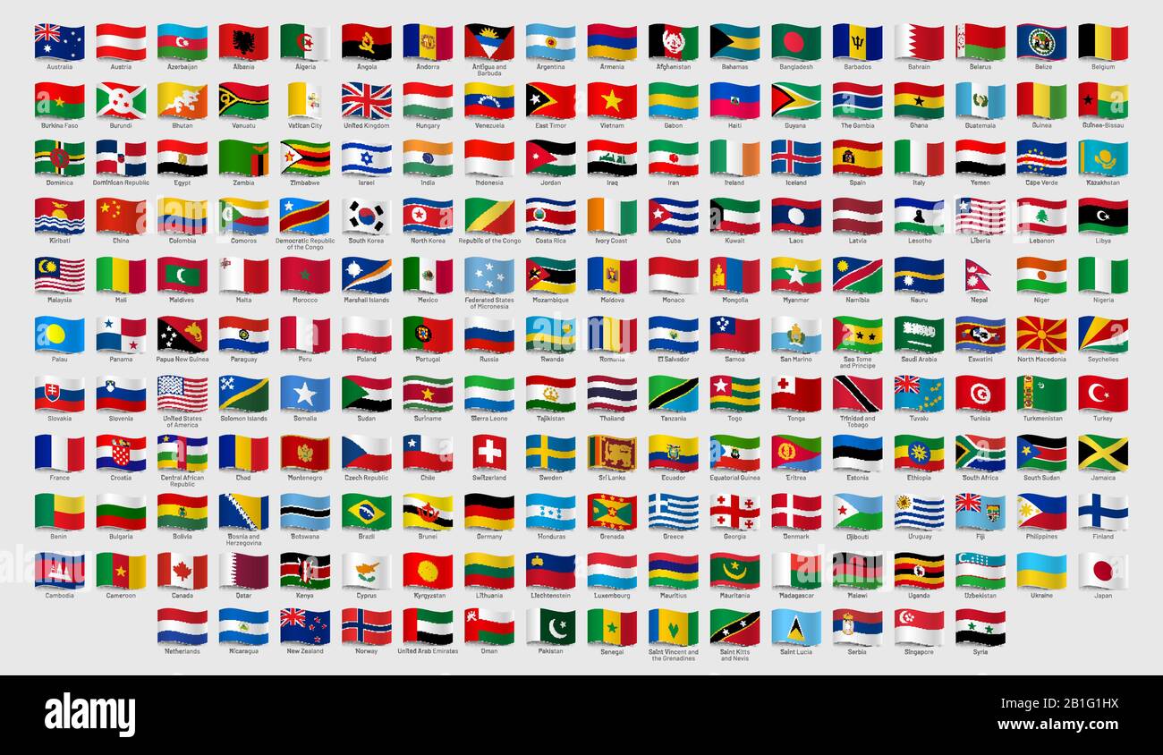 World national waving flags. Official country signs with names