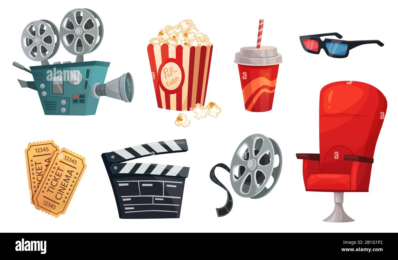 Cartoon cinema elements. Movie theater popcorn, filming cinema clapperboard and retro film camera vector illustration set Stock Vector