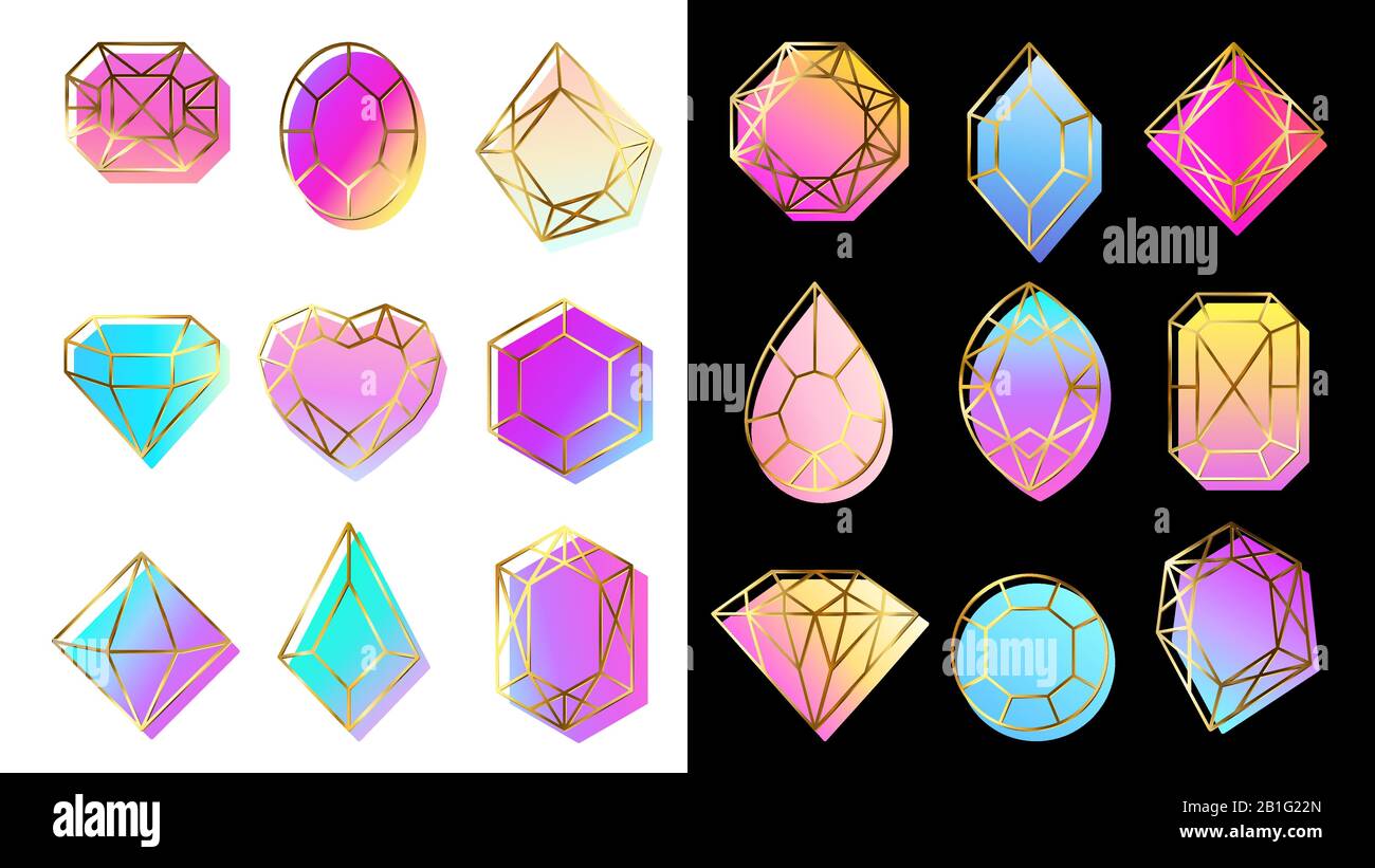 Gems with gradients. Jewelry stone, abstract colorful geometric shapes and trendy hipster diamond vector symbols set Stock Vector