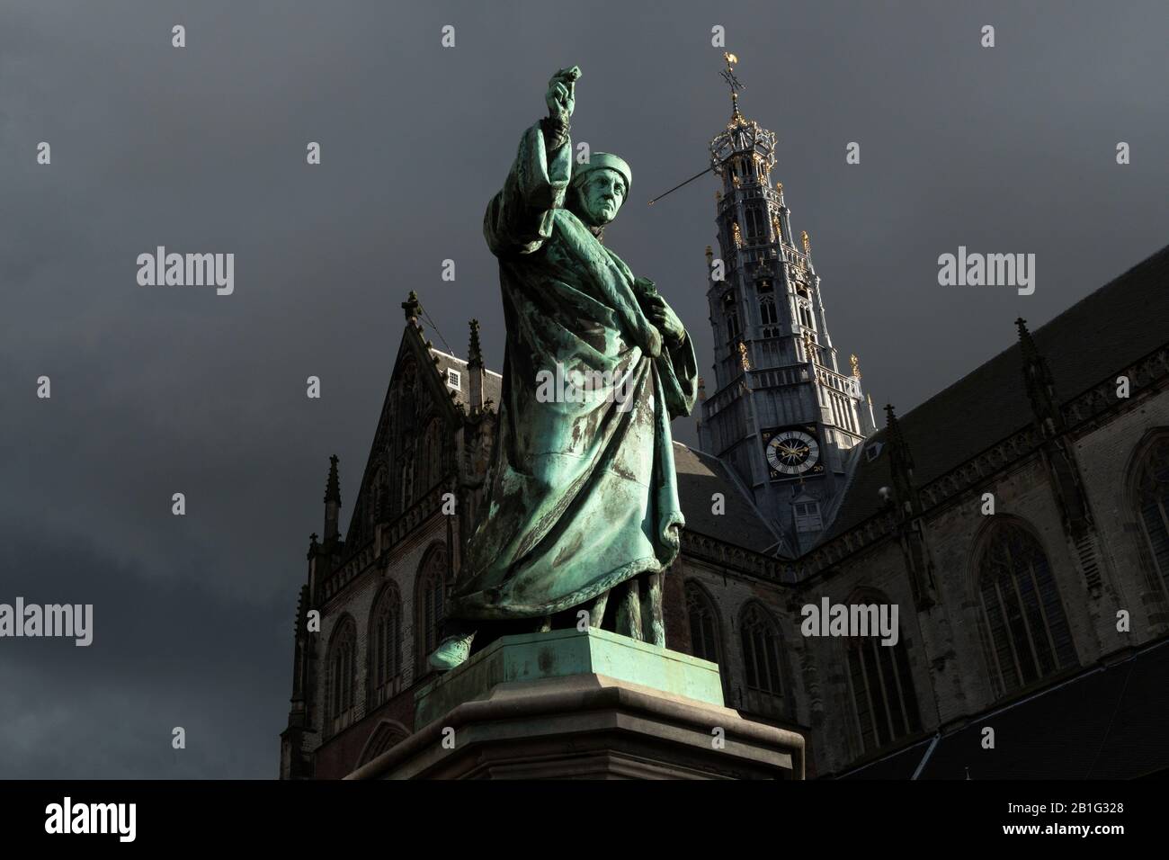 Statue of Laurens Janszoon Coster by Cathedral Stock Photo