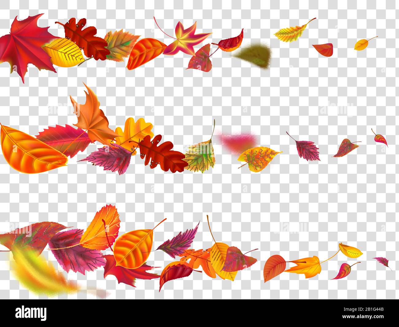 Flying autumn leaves. Fall leaf banner, yellow garden leafage fly realistic vector illustration set Stock Vector