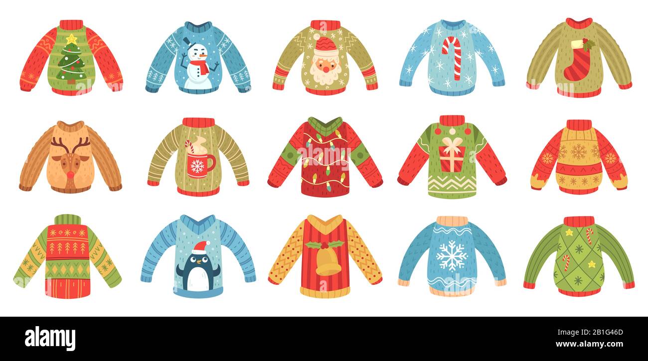 Cartoon christmas ugly sweaters. Xmas holidays party jumper, knitted winter sweater with Santa and Xmas tree isolated vector set Stock Vector