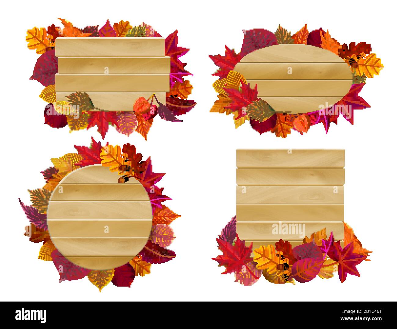Wooden signs with autumn leaves. Yellow fall leaf, seasonal wood banner vector illustration set Stock Vector