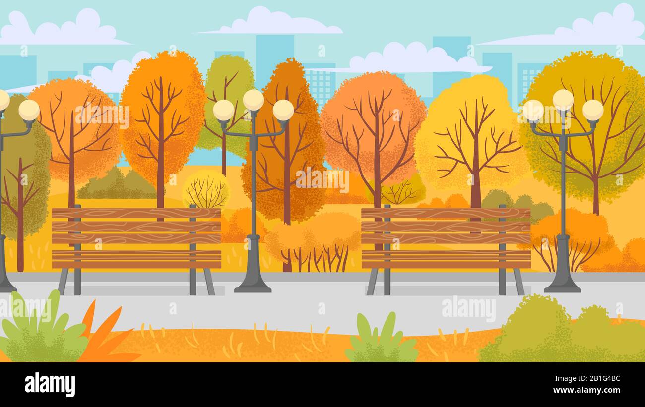 Cartoon autumn park. Yellow trees, city parks environment and nature panorama vector background illustration Stock Vector