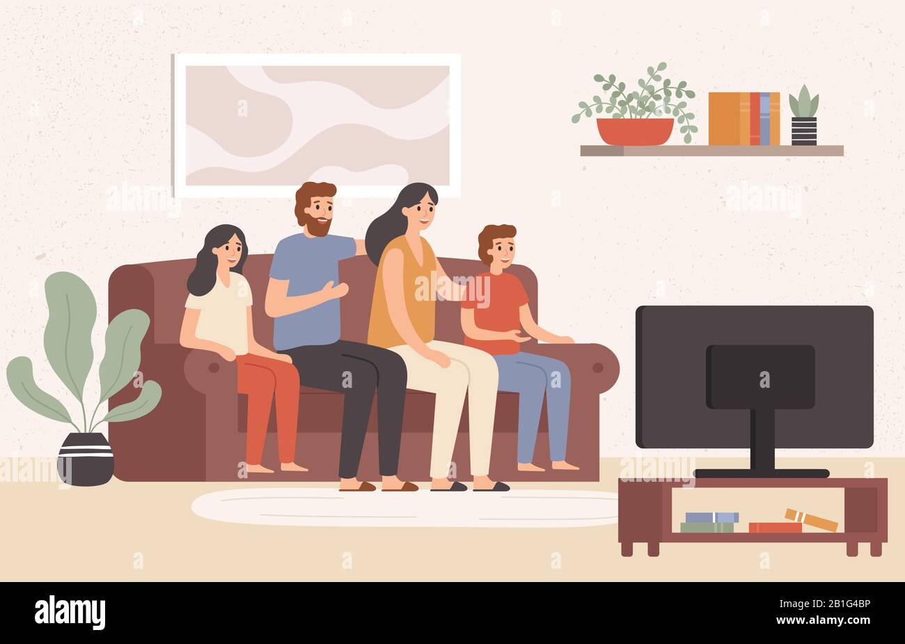 Family watching television together. Happy people watch tv in living room, young family watching movie at home vector illustration Stock Vector