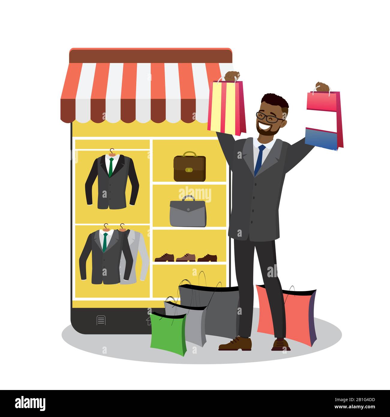 Modern smartphone with shopping application and african american businessman with shopping bags,isolated on white background, flat design vector illus Stock Vector