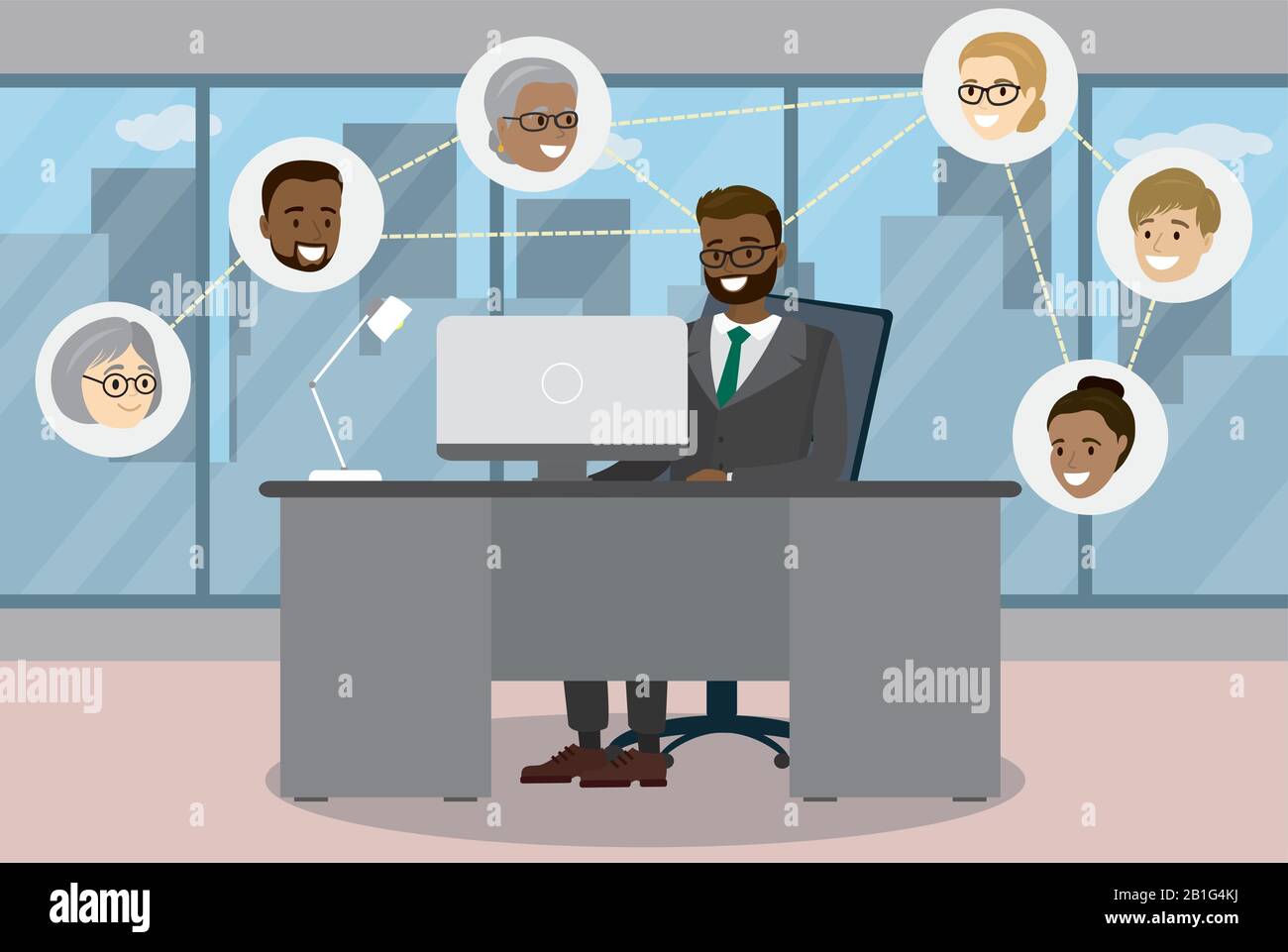 Businessman sitting at desk in modern office and communicating in social networks,avatars of people and connection, cartoon vector illustration Stock Vector