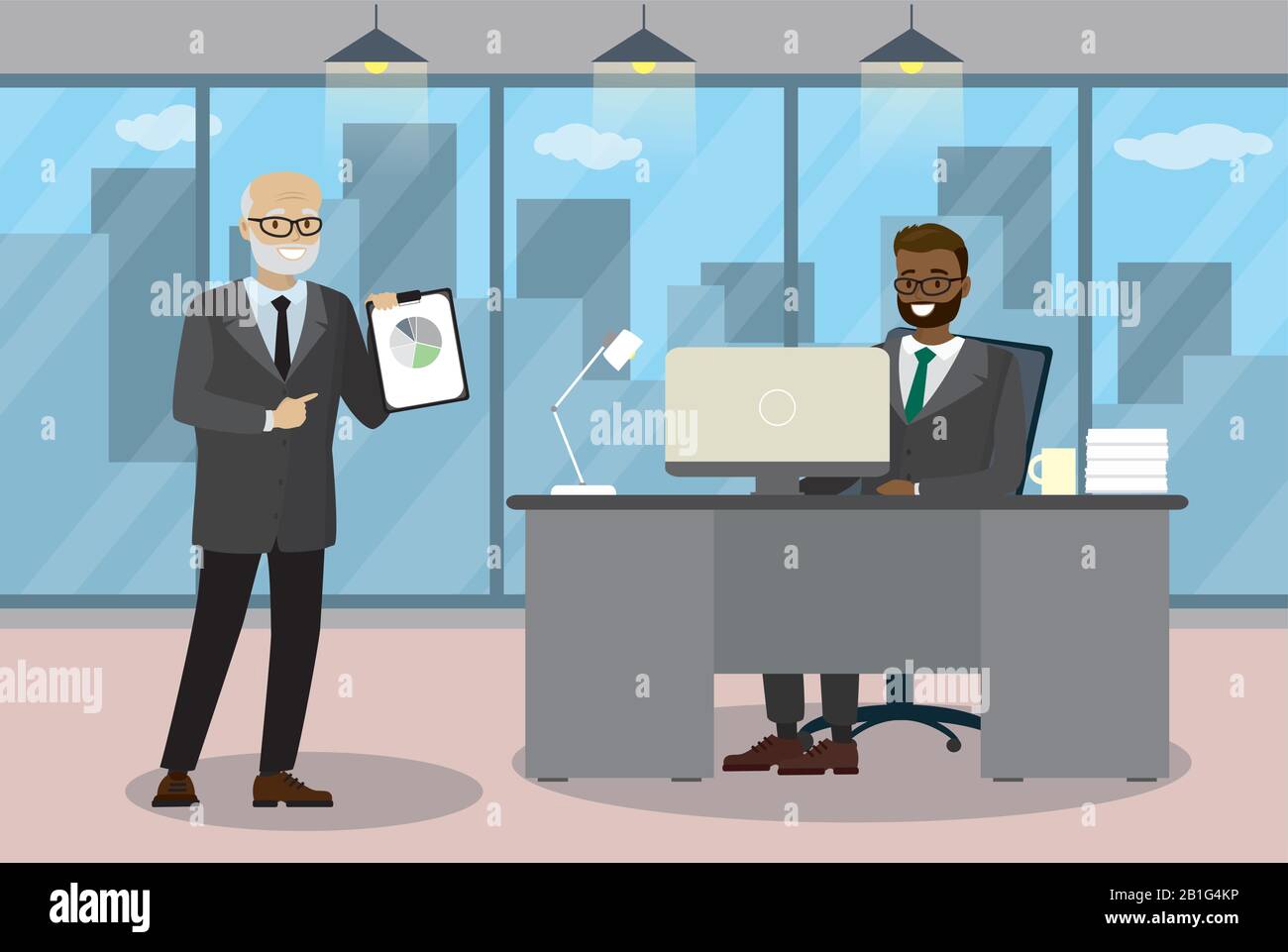 two cartoon  businessmen communicate in modern office,concept of success,Flat vector illustration Stock Vector