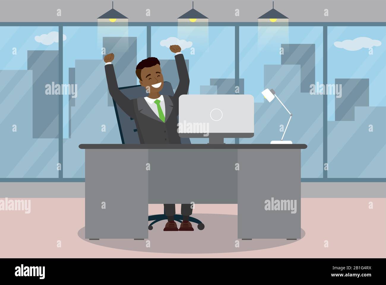 Happy african american businessman is sitting at a table in modern office,concept of success,Flat vector illustration Stock Vector
