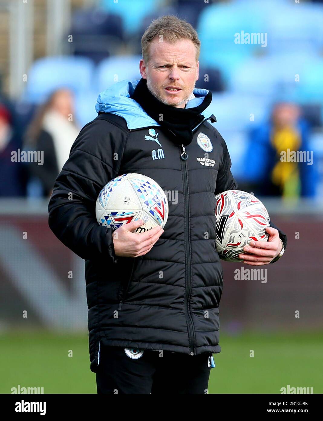 Manchester City Women's manager Alan Mahon during the pre-match warm up prior to the beginning of the Women's Super League match at the Academy Stadium, Manchester. Stock Photo