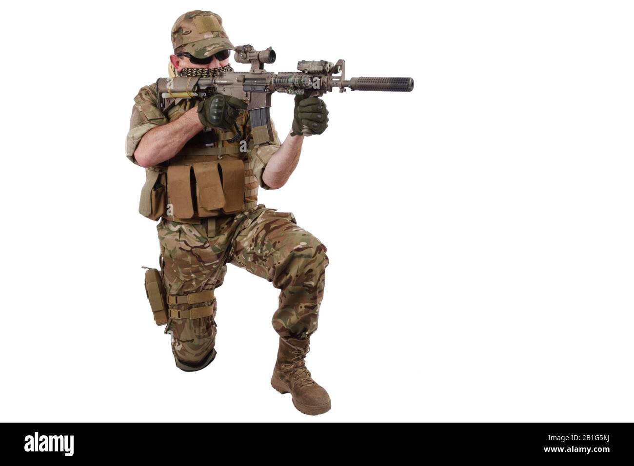 Special Force Operator With Carbine M4 Isolated On White Stock Photo