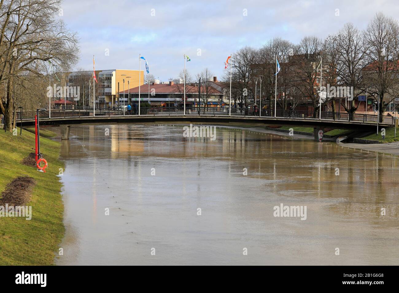 Salonjoki river in flood after February 2020 storms and heavy rainfall. High water on pedestrian underpasses. Salo, Finland, February 23, 2020. Stock Photo