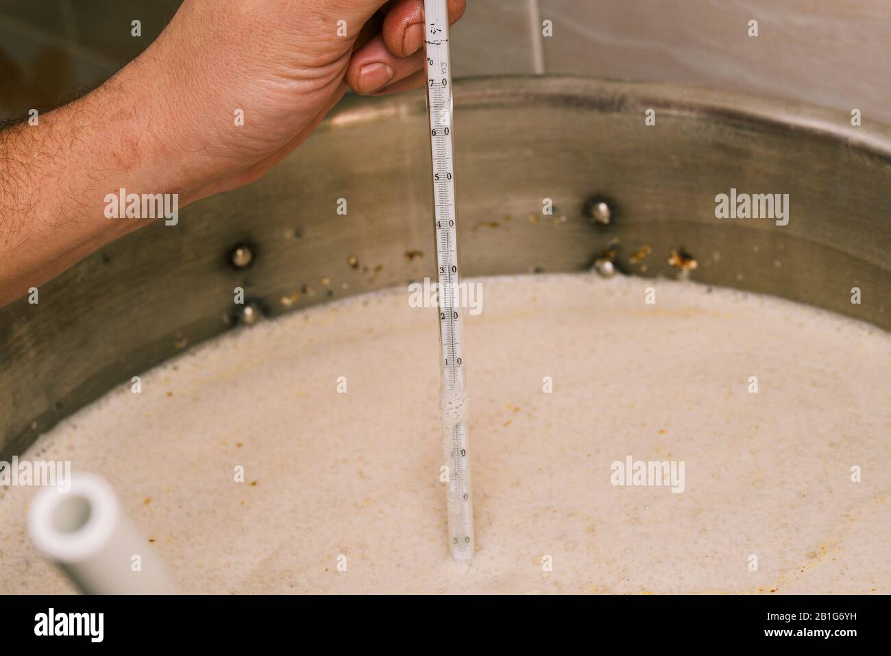 A man measures the temperature with a glass thermometer in a tank of
