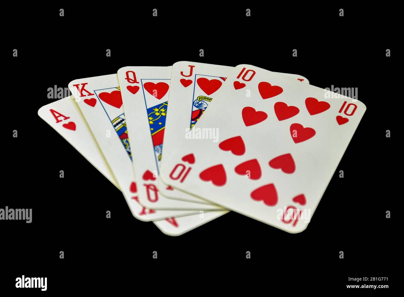 Create an artistic representation of a royal flush, the highest-ranking  hand in poker, using vibrant colors and intricate details. showcase the  five cards (ace, king, queen, jack, and ten) from a single