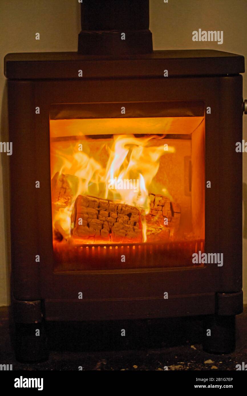 Logs burning in a wood burning stove Stock Photo Alamy