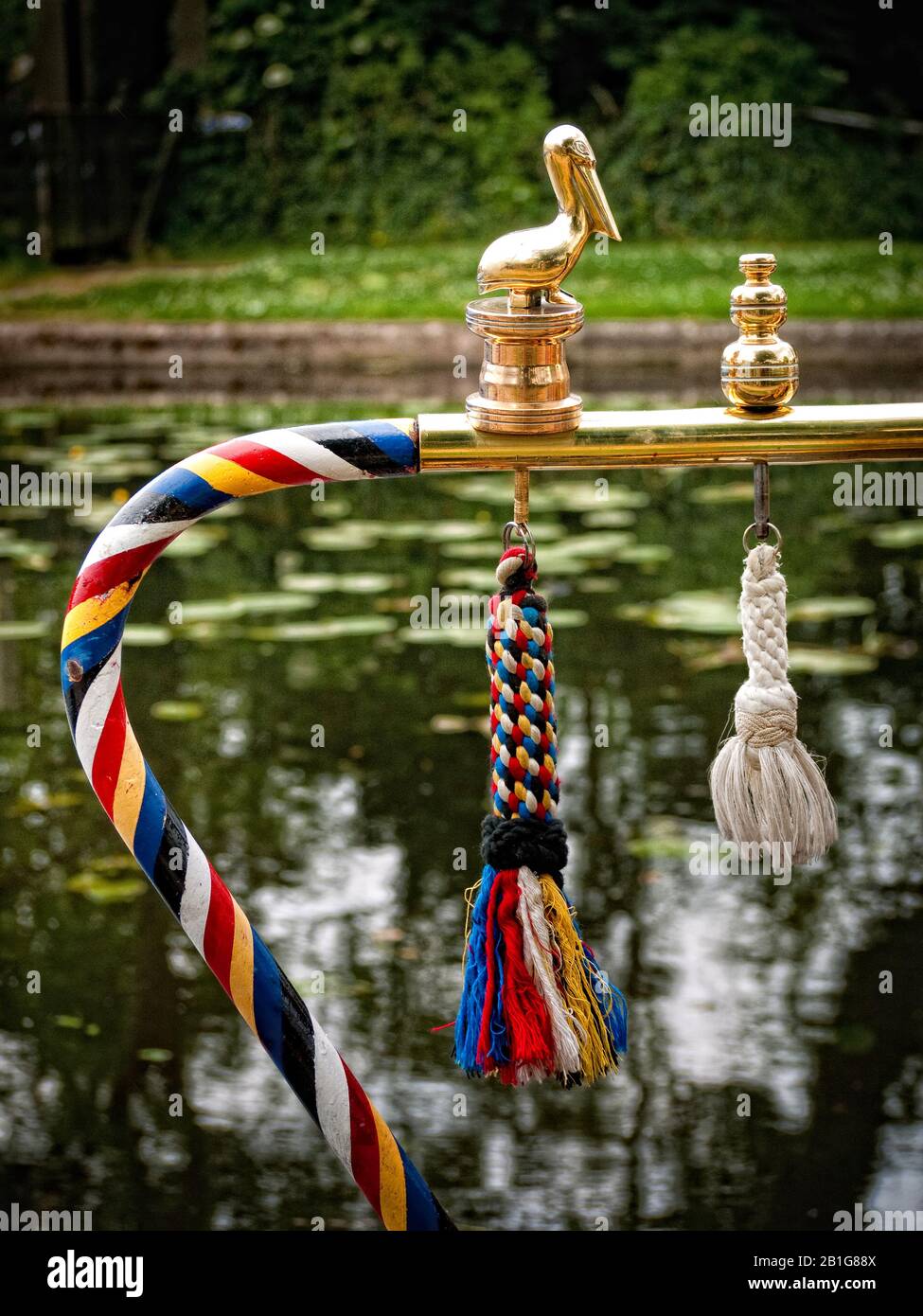 Narrowboat Tiller and tiller pin seen on the Erewash Canal, Derbyshire
