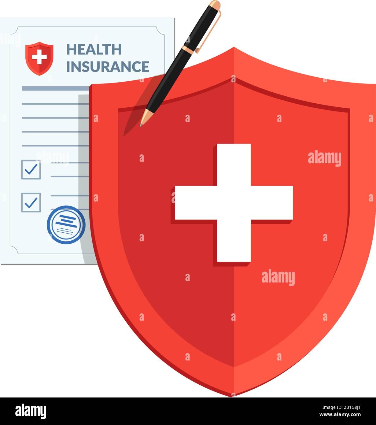 Medical healthcare insurance concept. Red shield on patient protection policy and pen. Vector medicine flat symbol illustration Stock Vector