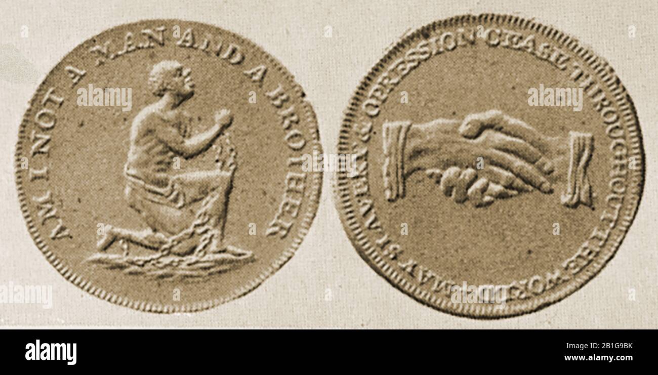 Exonumia  - Both sides of a Middlesex trade token of 1795 with an anti-slavery theme.  One side says 'Am I not a man and a brother'; the other  'May St Avery & oppression cease throughout the World'. Sometimes known as a barter tokens, they were issued by private traders when there was a local shortage of money  to increase trade or support a cause..The buying and selling of slaves was made illegal across the British Empire in 1807, but slaves could be owned until 1833. Stock Photo