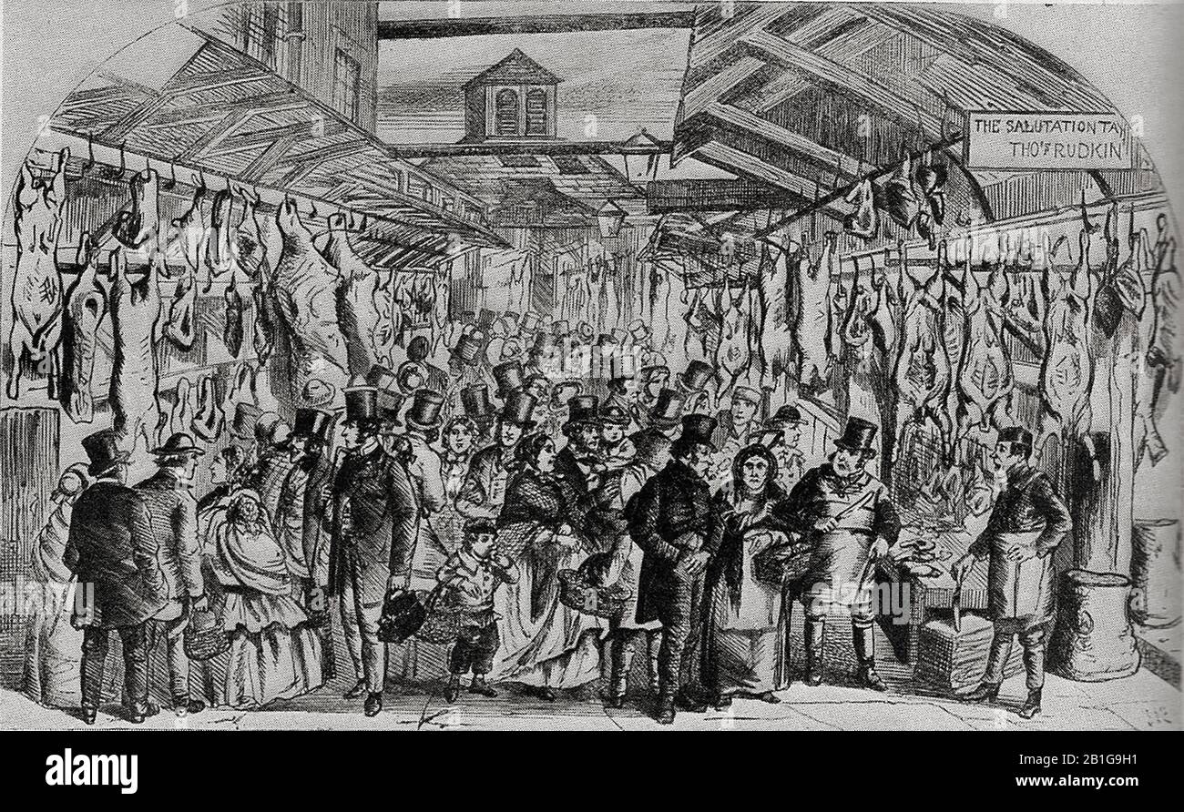 A contemporary  sketch of Newgate (London UK) meat market and its butchers and customers in the 19th century. A sign or advertisement can  be seen  (top right) for the Salvation Tavern (aka Salutation and Cat tavern), Landlord Thomas Rudkin.  (A cat was the hinged top of a walking cane where snuff was kept). The tavern was at  17, Newgate-street and was said to be the tavern where the tavern where Sir Christopher Wren relaxed by  smoking his pipe, whilst St. Paul's was in the process of being rebuilt. Such taverns were often referred to as coffee houses. Stock Photo