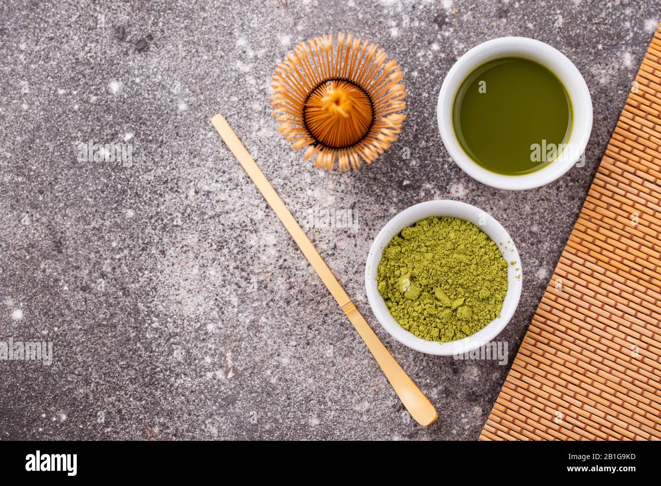 Matcha tea and bamboo whisk Stock Photo
