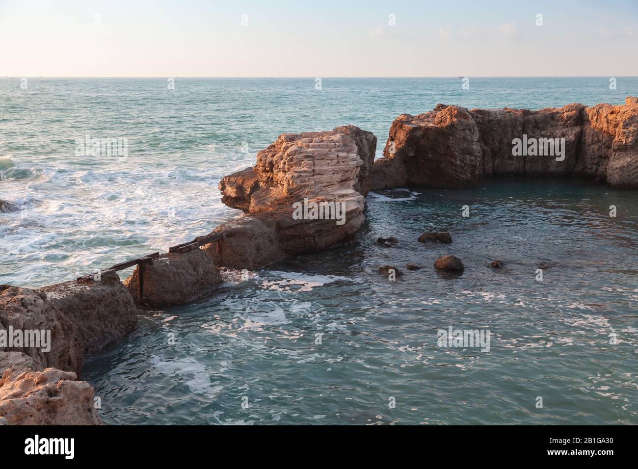 Coastal landscape with old fortifications and stormy Mediterranean Sea. Montazah beach, Alexandria, Egypt Stock Photo