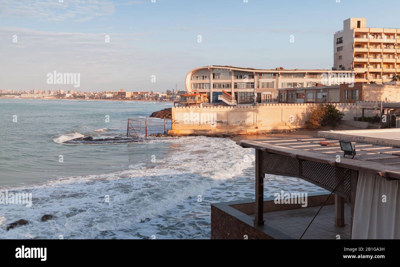 Landscape with old living houses on a coast of Mediterranean Sea. Montazah district, Alexandria, Egypt Stock Photo