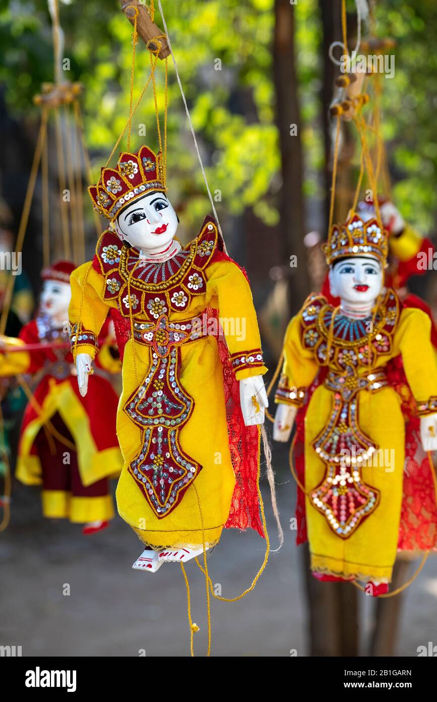 Traditional puppets on sale at Maha Sandar Mahi Pagoda, Amarapura, Mandalay Region, Myanmar Stock Photo