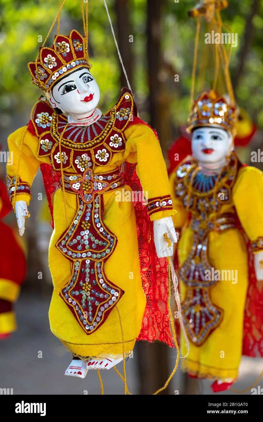 Traditional puppets on sale at Maha Sandar Mahi Pagoda, Amarapura, Mandalay Region, Myanmar Stock Photo