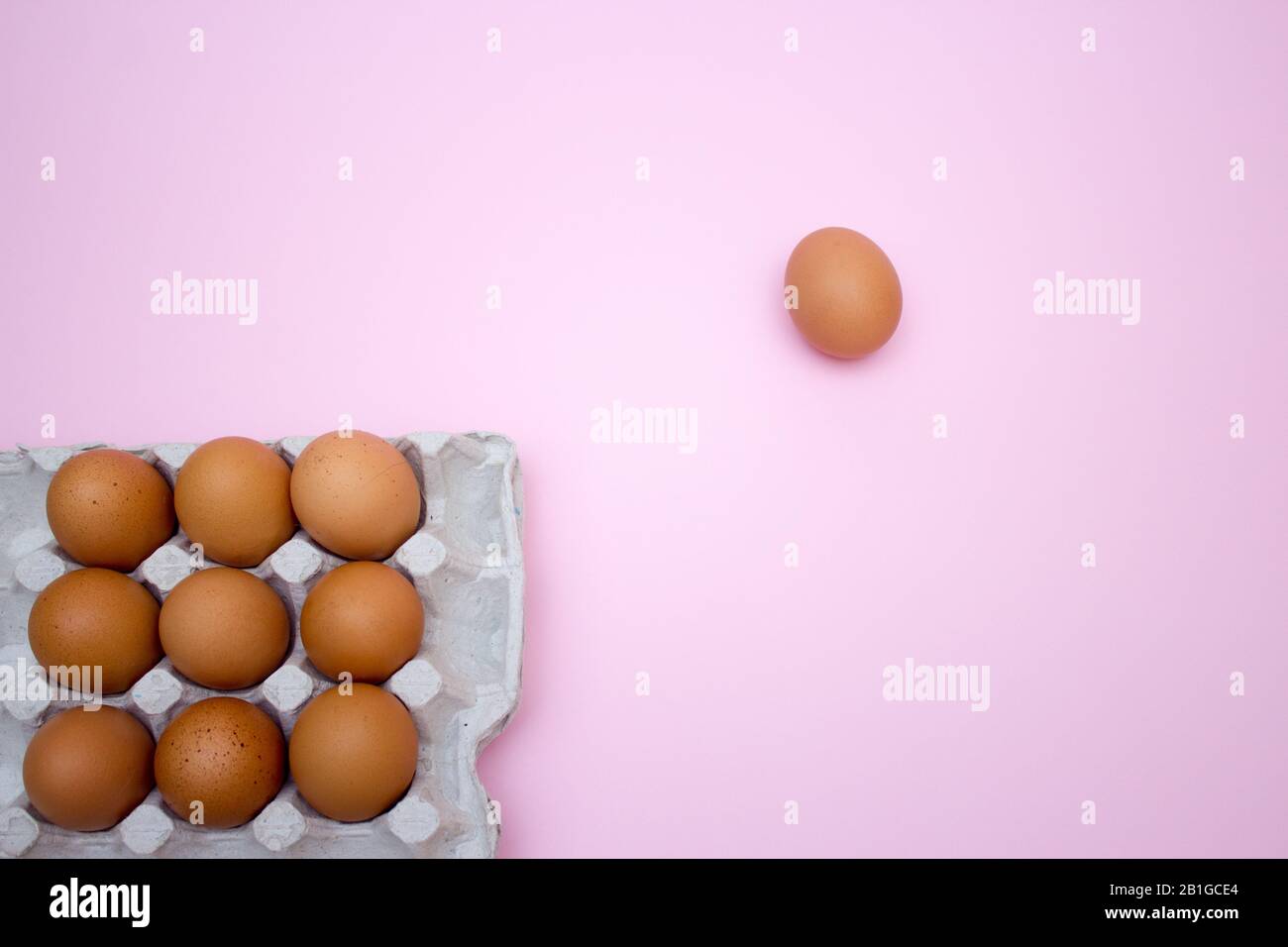 Egg, Eggs on a pink background. Eggs in a tray Stock Photo