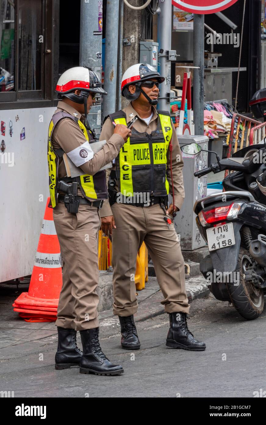 Thailand police officers on duty on the streets of Patong on the island of Phuket in Thailand