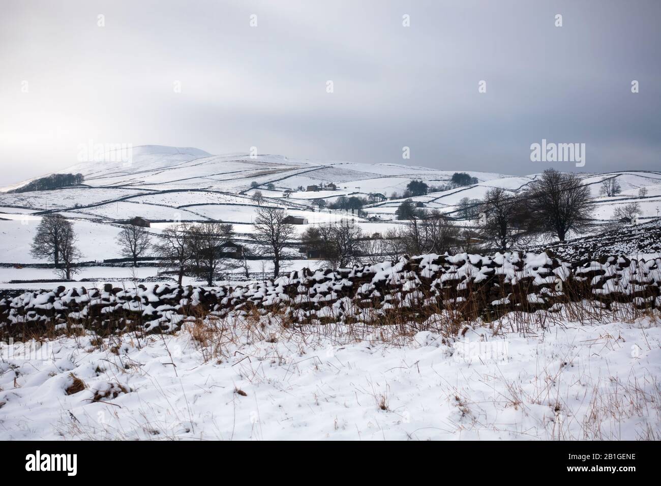 Snowy day in Wensleydale, Yorkshire Dales. Snow covers the hills and dry stone walls on a winter day near Hawes. Stock Photo