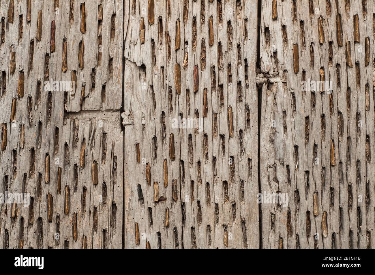 Bottom view of Spanish threshing board closeup as rural wooden background Stock Photo