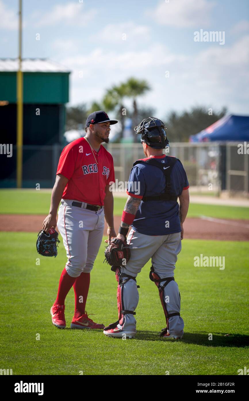 Pitcher Darwinzon Hernandez and Catcher Christian Vázquez at Boston Red Sox spring training in Ft Myers, Florida, USA Stock Photo