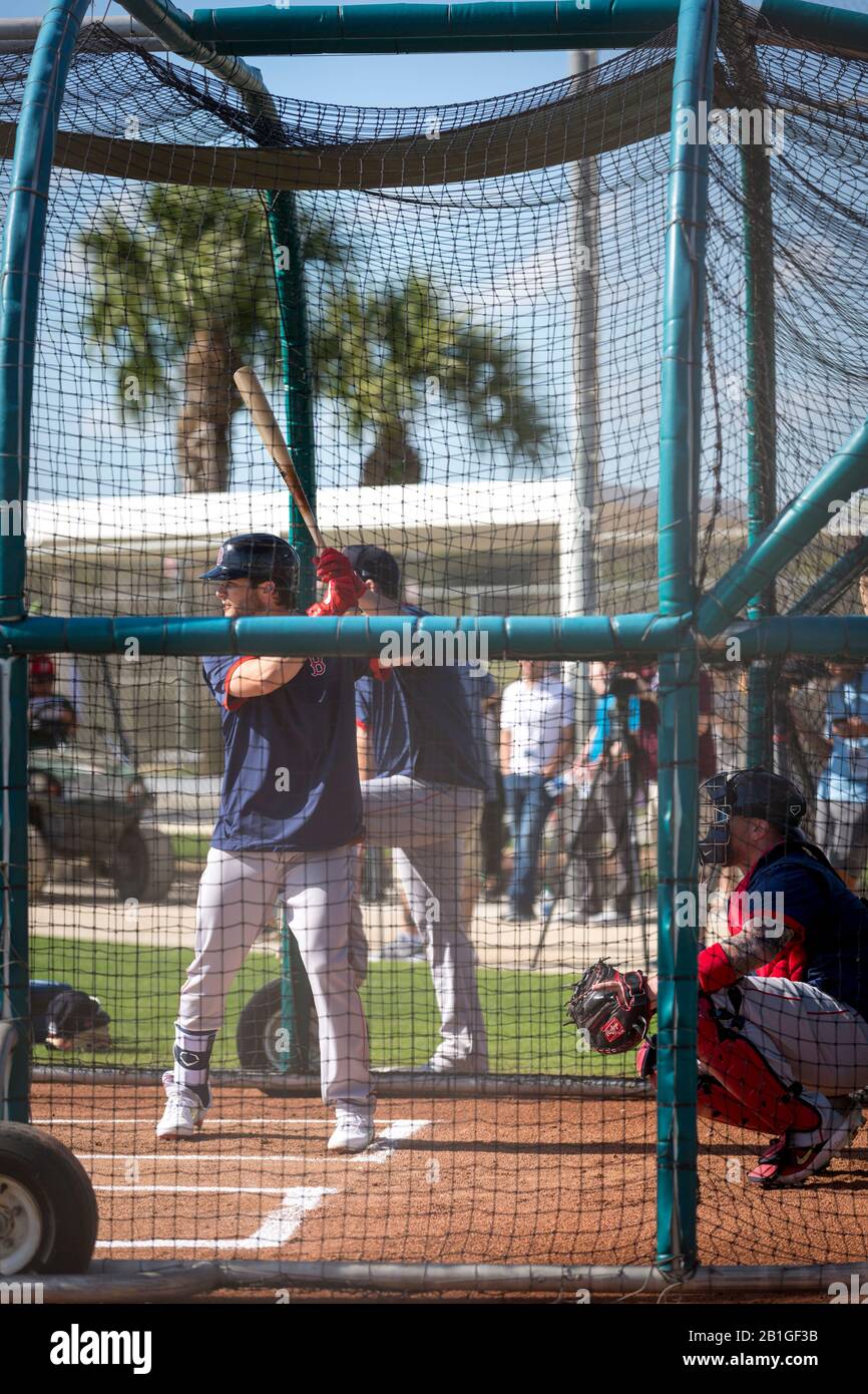 Andrew Benintendi inside a a batting cage taking live batting practice at Boston Red Sox spring training, Ft Myers, Florida, USA Stock Photo