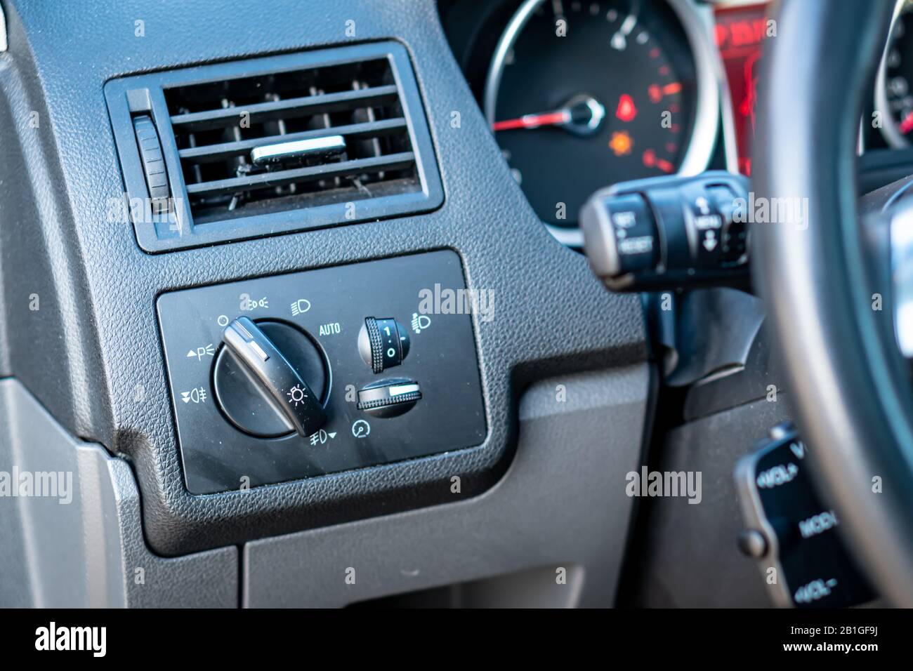 Cluj-Napoca,Cluj/Romania-Board computer button on turn left or right lever inside a Ford Kuga sport edition Stock Photo