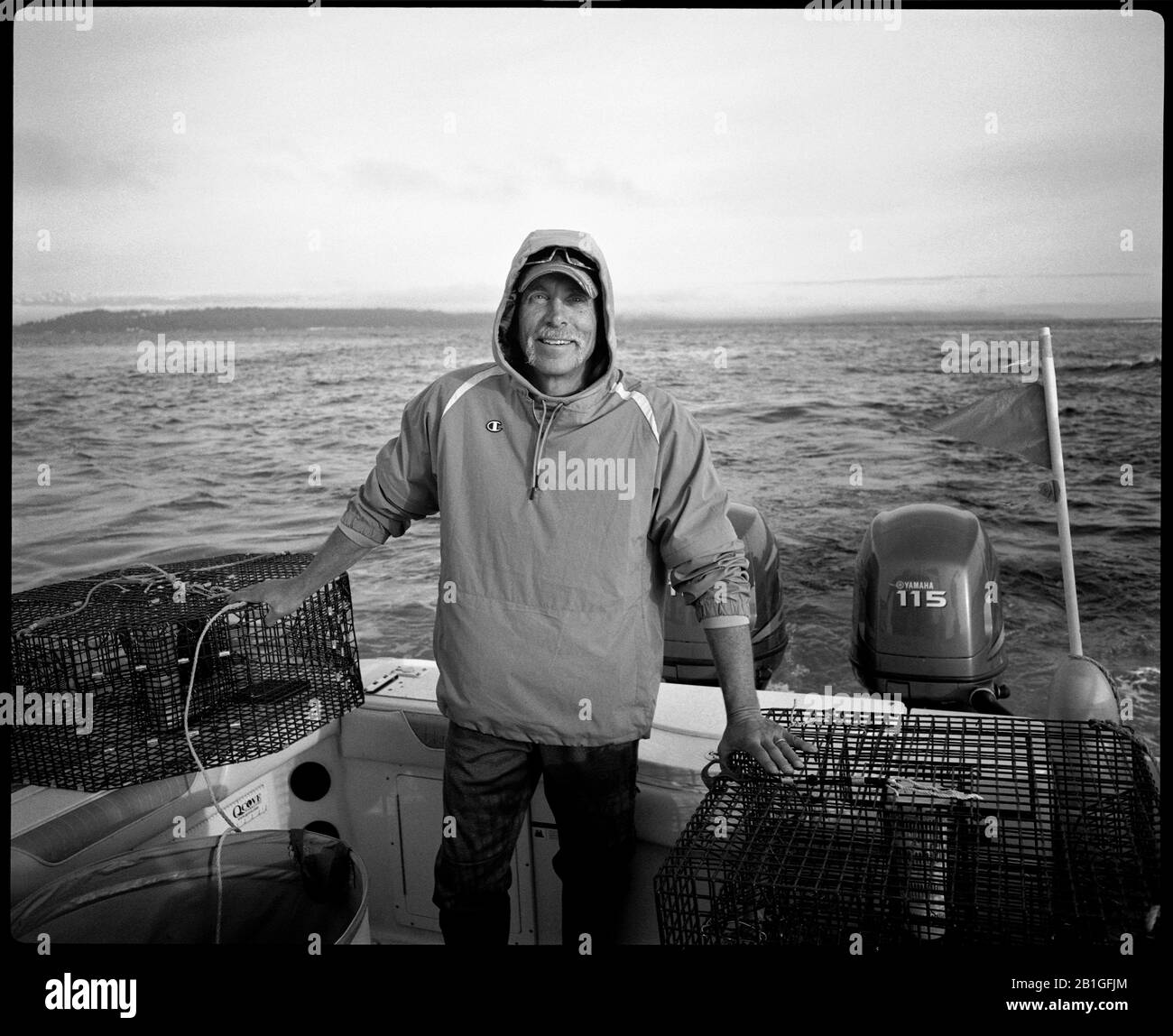 HB39101-00....WASHINGTON - Phil Russel shrimp fishing in the Puget Sound. Makina W67 Camera with Kodak 120 TXP Film processed in D76 1-1. Stock Photo
