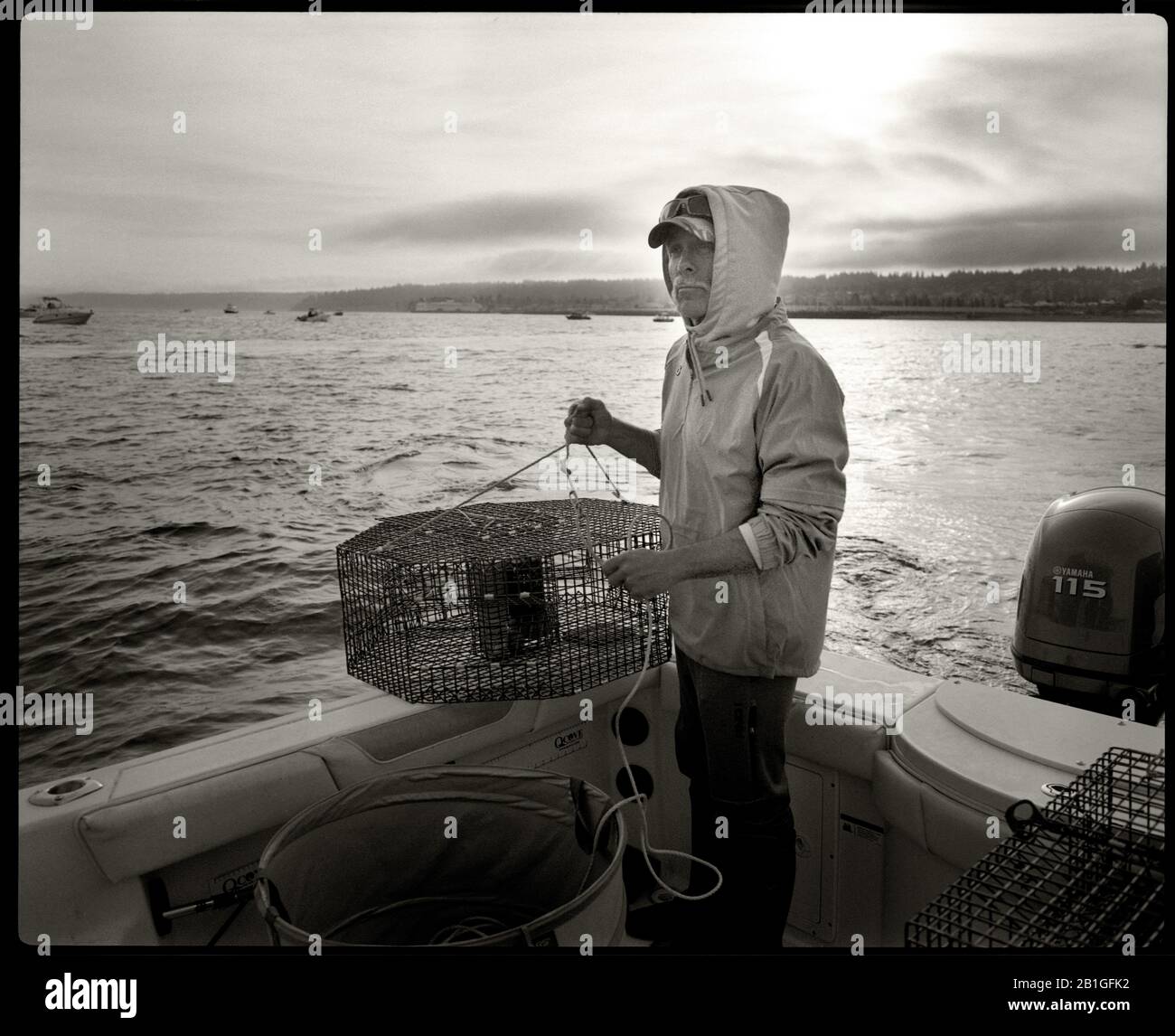 HB39102-00....WASHINGTON - Phil Russel shrimp fishing in the Puget Sound. Makina W67 Camera with Kodak 120 TXP Film processed in D76 1-1. Stock Photo