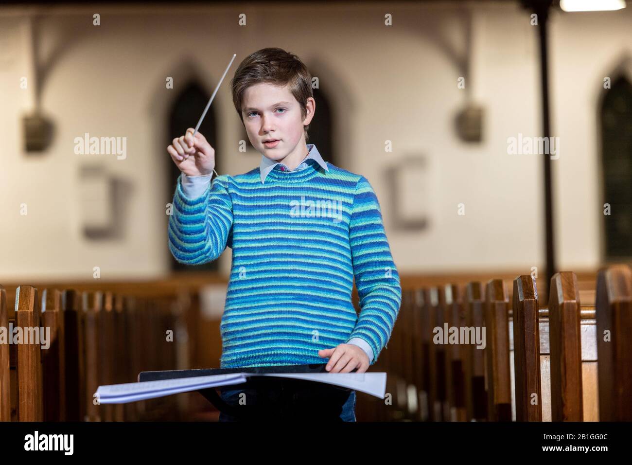 Viktor Seifert (12) took part in a composition competition to write a (short) symphony for the 20th Anniversary of the British Wind Band Association. Stock Photo