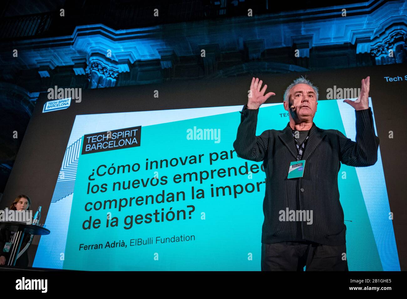 Ferran Adrià Acosta, founder of the award-winning El Bullí restaurant in Cala Montjoi speaking during the event.First day of Tech Spirit Barcelona, an improvised alternative congress to Mobile World Congress 2020 (MWC2020), which aims at gathering new talents, business innovation and sponsors to promote the creation of new business initiatives. Stock Photo