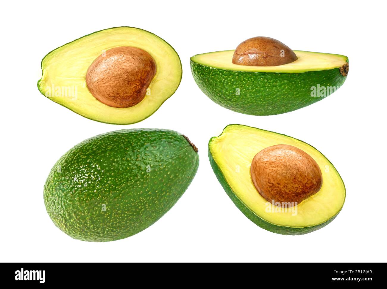 Avocado set isolated on white. Four perfect different views of avocado. Stock Photo